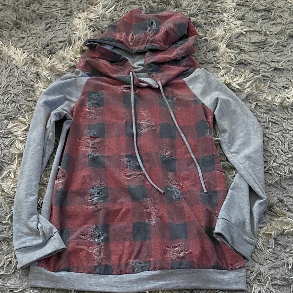 Distressed Plaid Boutique Hoodie